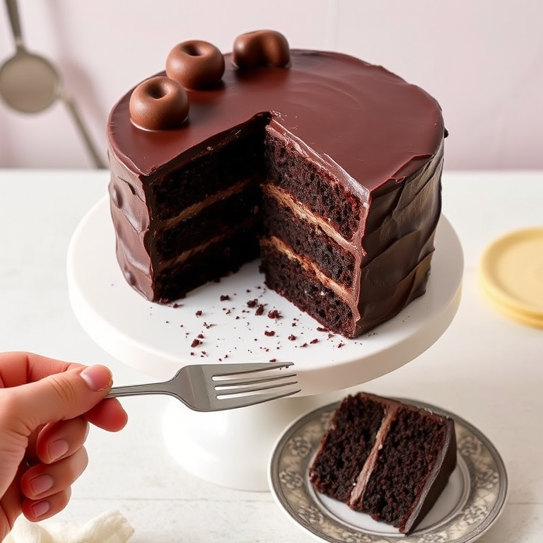 A delicious chocolate cake on a white pedestal with a slice removed, revealing rich layers, a hand holding a fork ready to take a bite, the slice on a decorative plate with intricate patterns, a soft background with kitchen utensils.