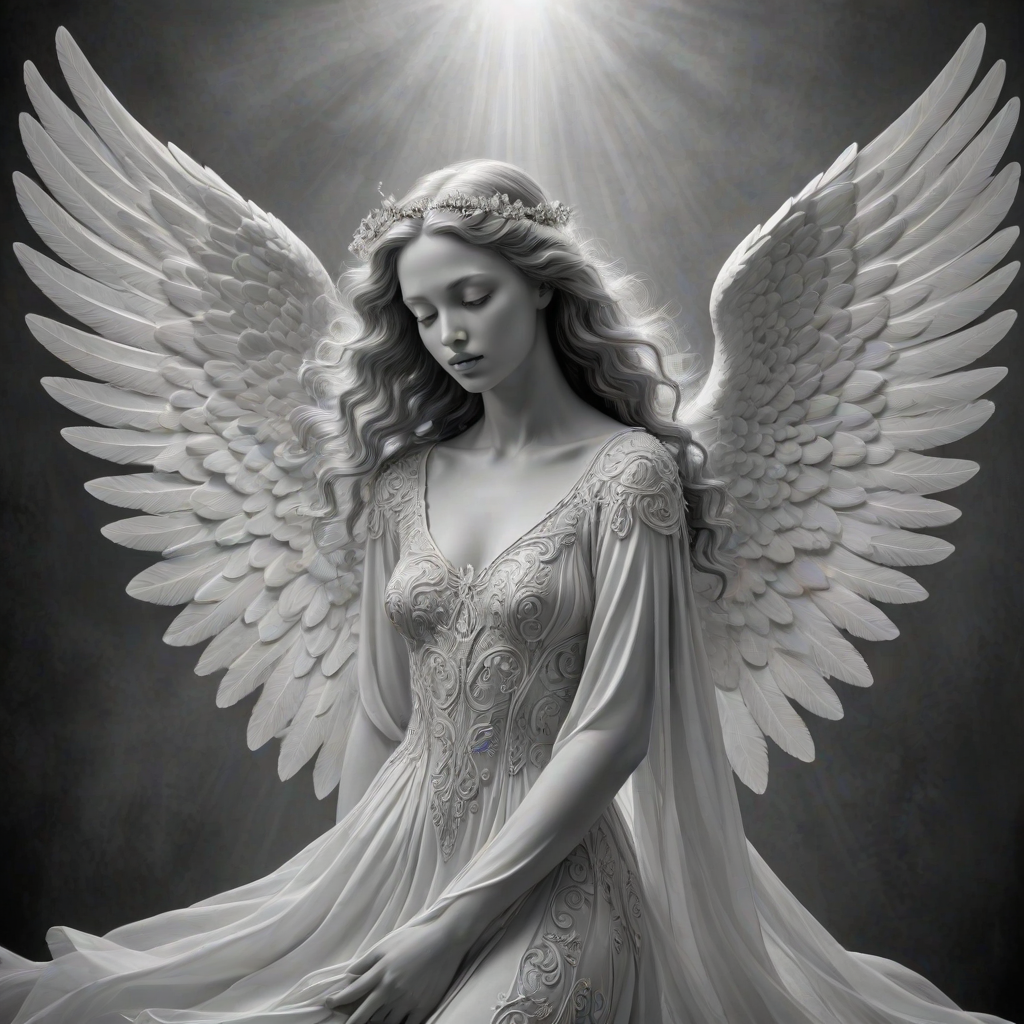 An angel, crafted in the unique style of Folk Art, as she unfolds herself against an ethereal backdrop, her wings softly billowing, face radiating a heavenly glow, every curl in her strikingly serene countenance finely brushed, monochrome, detailed techniques, ultra fine, breathtaking surreal masterpiece