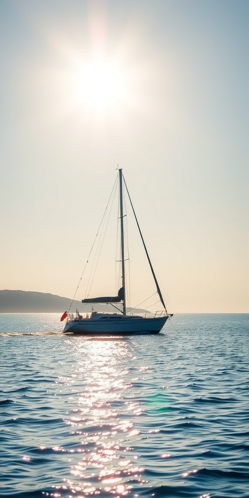 Create a high-resolution image of a nautical scene featuring a sailboat on calm water under a bright sun, captured with a DSLR camera at f/8 aperture, 1/200 sec shutter speed, ISO 100, in landscape orientation with a shallow depth of field.