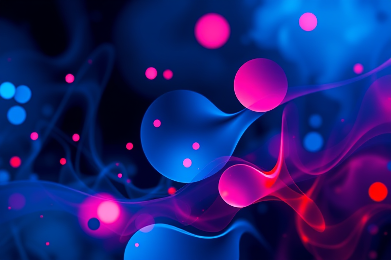 Create an abstract digital artwork featuring vibrant glowing shapes in blue and red hues with a fluid, smoky background; use a Canon EOS R5, 50mm lens, f/1.4 aperture, ISO 100, 1/60 sec exposure, in a macro photography style to enhance detail and clarity.