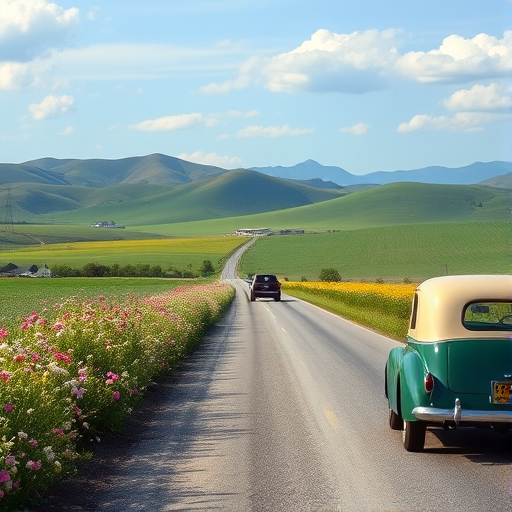 Scenic view of a countryside road lined with blooming wildflowers, a vintage car driving by, and rolling hills in the distance, evoking a sense of freedom and adventure.