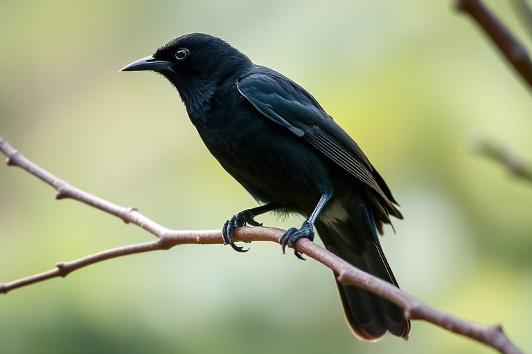 Capture a sharp image of a black bird perched on a branch, using a 50mm lens at f/2.8, 1/500 sec shutter speed, ISO 200, taken from a low angle with a shallow depth of field to blur the background.