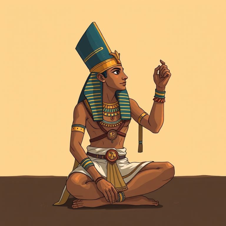 Create a high-resolution illustration of an ancient Egyptian figure sitting with a raised hand, adorned in traditional jewelry and clothing, include symbols like the Eye of Horus and ankh, using a Canon EOS R5 with a 50mm lens, f/2.8 aperture, ISO 100, and natural lighting for enhanced detail and warmth.