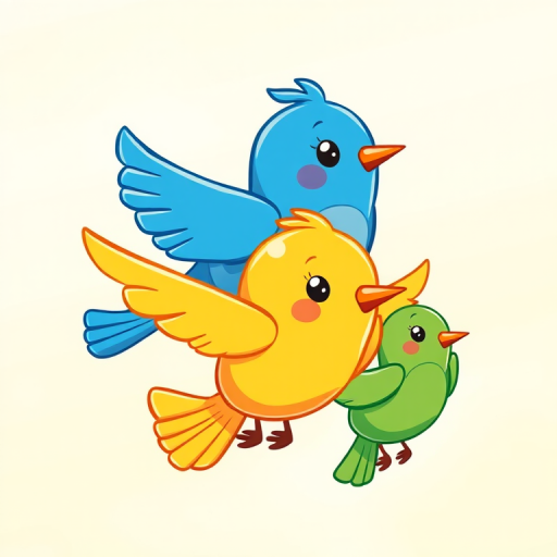create a vibrant illustration of three cartoon birds in flight, featuring a yellow bird with a heart-shaped wing, a blue bird with a rounded body, and a green bird with a slightly angled posture, use a 50mm lens, f/2.8 aperture, ISO 100, and a shallow depth of field for a soft background, emphasize bright colors and smooth lines, capturing a whimsical and cheerful atmosphere.