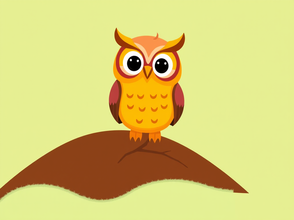 create a colorful cartoon-style owl sitting on a brown hill with a light green background, using a Canon EOS 5D Mark IV, 50mm f/1.8 lens, ISO 100, f/2.8, 1/200s, soft focus, vibrant colors