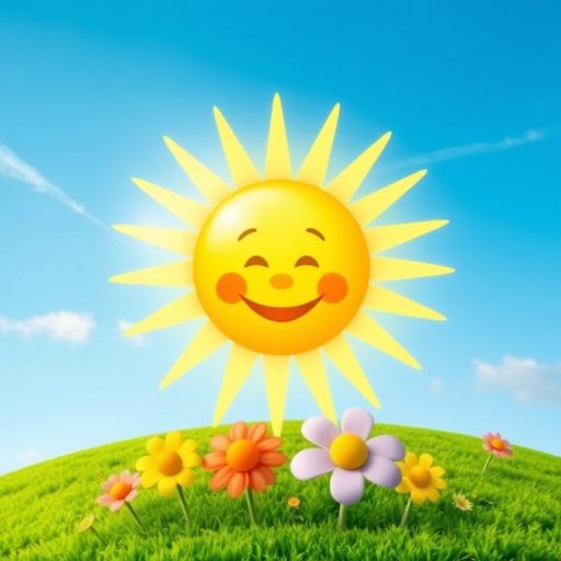 Create an image shows a bright, sun with a smiling baby's face in the center, radiating soft yellow rays. The sun is set against a clear blue sky with a few wispy clouds. Below, there's a lush green grassy hill with colorful, oversized flowers, giving the scene a whimsical, playful atmosphere.