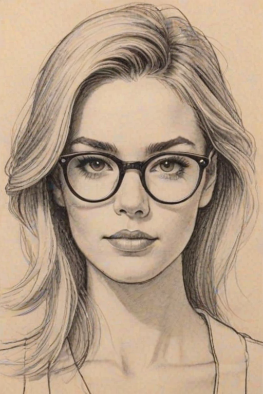 Comely Monica, pencil sketch, portrait of Lovely woman 1979s in glasses, hair style beatnik, outline, clear lines, fine lines, 8k