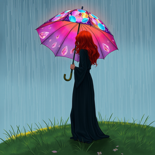 A surreal hand-drawn digital artwork depicting a mysterious red-haired woman standing on a grassy hill under the rain. She holds an umbrella crafted from iridescent zircon, its vibrant sheen contrasting with the soft, rainy atmosphere. The scene feels dreamlike, blending the natural elements of the hill and rain with the otherworldly shimmer of the umbrella.