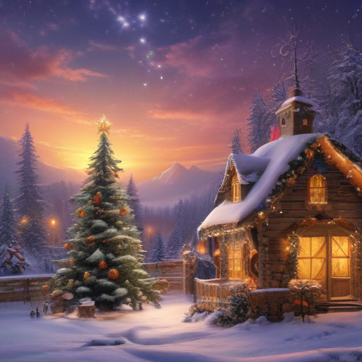 A Cozy Winter Scene Featuring a Charming Cabin and Decorated Christmas ...