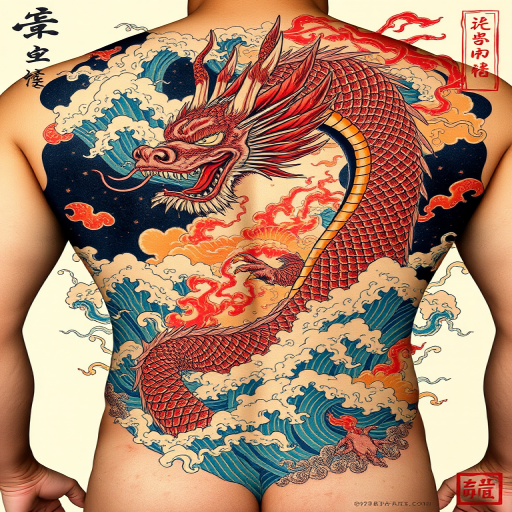 Irezumi-inspired dragon tattoo, "Ryujin's Fury," featuring a fierce Japanese dragon with intricate scales, swirling clouds, and crashing waves, rendered in bold, traditional colors like deep blues, vibrant reds, and rich golds, designed to cover the entire back or chest