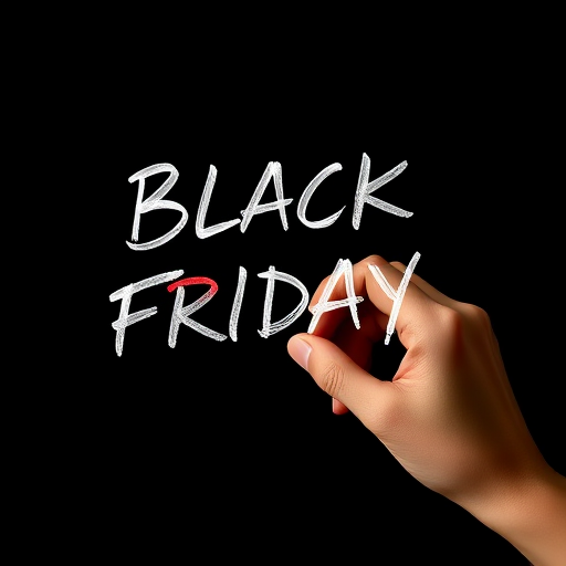 Create an image of a hand writing "Black Friday" in bold, stylish font with a red heart accent against a black background, using a DSLR camera with a 50mm lens, f/1.8 aperture, ISO 100, and soft lighting for enhanced detail and contrast.