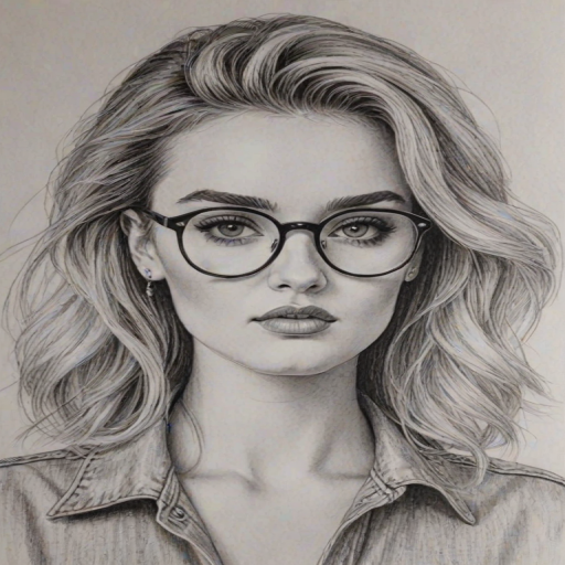 Fascinating Perrie Edwards, pencil sketch, portrait of Bewitching woman 1980s in glasses, hair style beatnik, outline, clear lines, fine lines, 8k