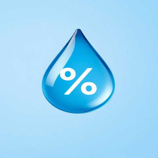 Create a clean and modern graphic of a blue water droplet with a white percentage symbol inside, using a soft gradient background, shot with a Canon EOS R5, 50mm lens at f/1.8, ISO 100, in a top-down view with soft studio lighting.