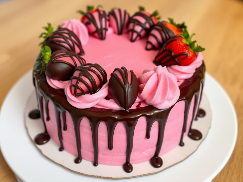 A beautifully decorated chocolate and strawberry cake featuring a smooth pink frosting adorned with swirls of pink icing and topped with chocolate-covered strawberries, drizzled with chocolate ganache, sitting on a white plate.