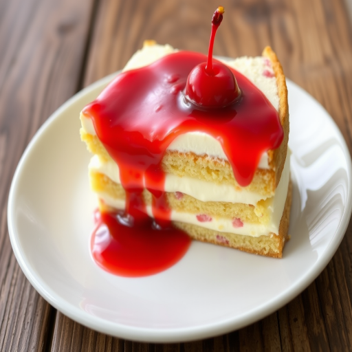 A delicious slice of layered dessert featuring creamy filling and topped with bright red cherry glaze served on a white plate with a rustic wooden background.
