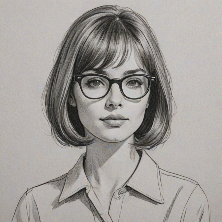 Elegant Elliot Page, pencil sketch, portrait of Elegant woman 1964s in glasses, hair style beatnik, outline, clear lines, fine lines, 8k