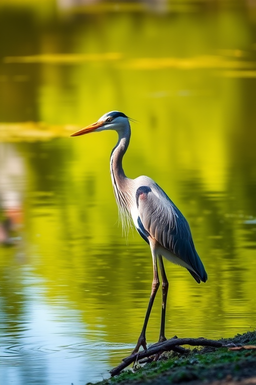 Capture a heron standing by a tranquil pond with vibrant green reflections, using a DSLR camera at f/4 aperture, ISO 100, 1/200 sec shutter speed, 85mm lens, natural lighting, and a shallow depth of field for a crisp focus on the bird against a soft background.