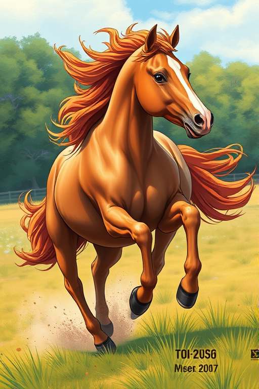 Create a detailed illustration of a galloping horse in a natural setting, using a DSLR camera with a 50mm lens, f/2.8 aperture, ISO 100, and a shutter speed of 1/1000 seconds, capturing the vibrant colors and dynamic motion in high resolution.
