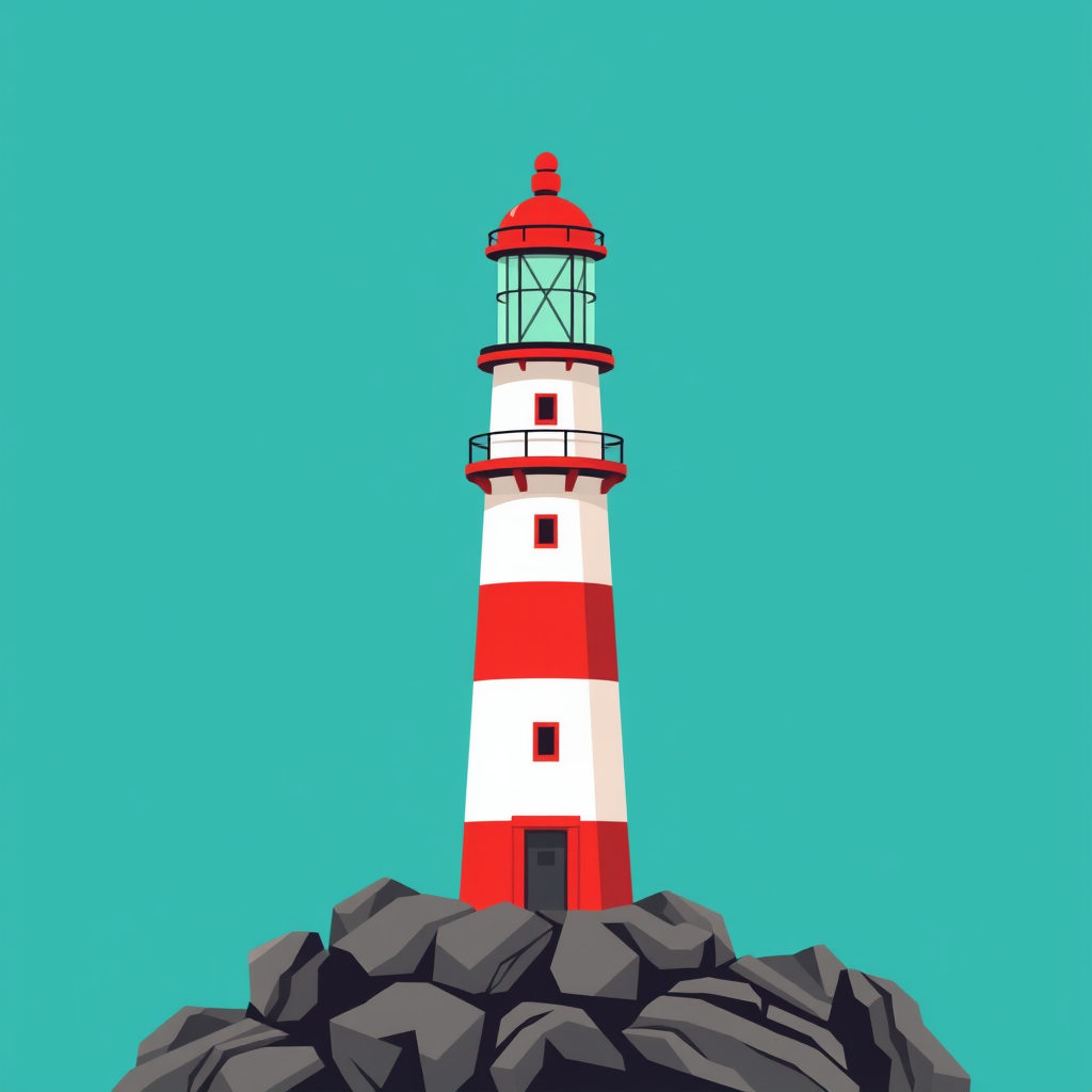 Generate a high-resolution vector illustration of a lighthouse with a red top, standing on rocky terrain, against a teal background, camera settings: aperture f/8, shutter speed 1/250, ISO 100, camera view: straight on, camera style: flat design, camera type: digital illustration.