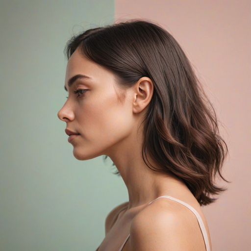 Create a minimalist line art illustration of a woman in profile against a solid pastel background, using a Canon EOS R5 with a 50mm f/1.2 lens, aperture set to f/2.8, ISO 100, and a soft focus effect for smooth skin tones and gentle color gradients.