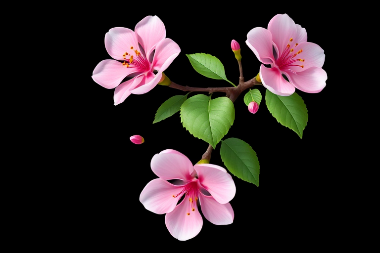 Generate a high-resolution illustration of cherry blossoms with three pink flowers and green leaves on a dark background, using a DSLR camera with a 50mm lens, aperture f/2.8, ISO 100, capturing in vibrant color and sharp detail, portrait orientation.