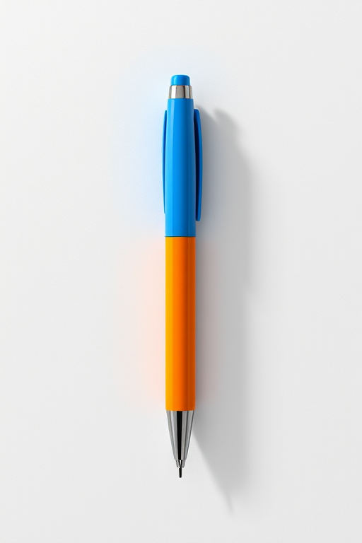 Generate a high-quality vector image of a simple orange and blue ballpoint pen, top-down view, with a resolution of 300 DPI, using a Canon EOS 5D Mark IV, f/8 aperture, 50mm lens, natural lighting.