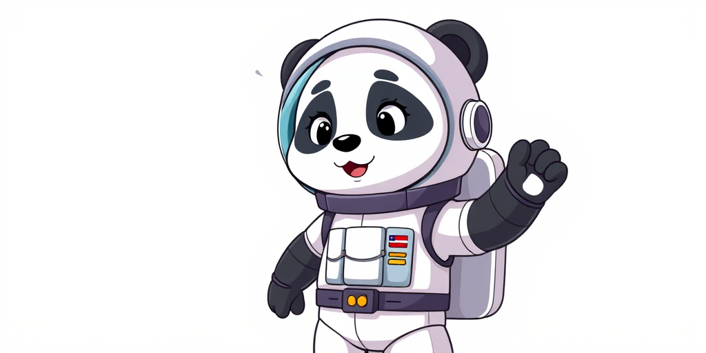 Create a high-resolution cartoon image of a panda in an astronaut suit, standing with one hand raised, using a DSLR camera with a 50mm lens, f/1.8 aperture, ISO 100, and shot from a slightly low angle to enhance the character's presence and detail, with vibrant colors and clean lines.