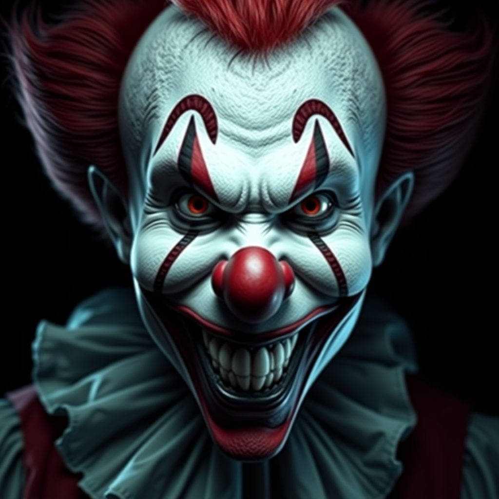 Create a hyper-realistic, dark, and eerie clown with a sinister smile, set against a black background. The clown should have exaggerated makeup with sharp, contrasting colors to enhance its menacing appearance. The overall atmosphere should be unsettling and intense, capturing a sense of horror and suspense