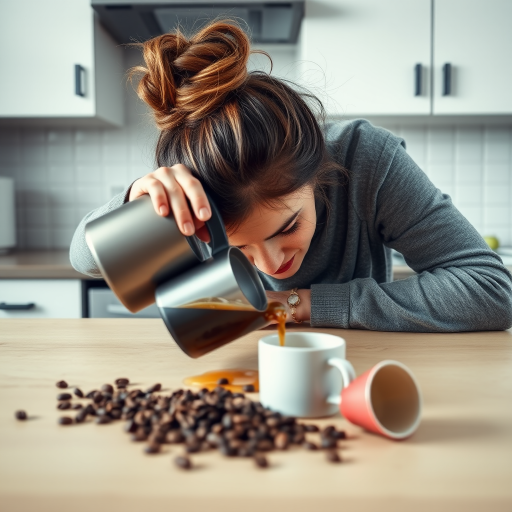 A portrait capturing a humorous and relatable scene of morning exhaustion. A woman with a messy bun, is slumped over a kitchen table, head resting on the surface in apparent fatigue. Despite their exhaustion, they are attempting to pour coffee from a pot, but instead of pouring the coffee into the mug she is pouring it onto the kitchen table. The kitchen setting is minimal, with simple countertops and a tiled backsplash in the background. Scattered coffee beans and an empty cup add to the sense of early morning chaos. The overall mood is lighthearted, portraying the struggle of waking up and the desperate need for coffee in a comedic yet relatable way.