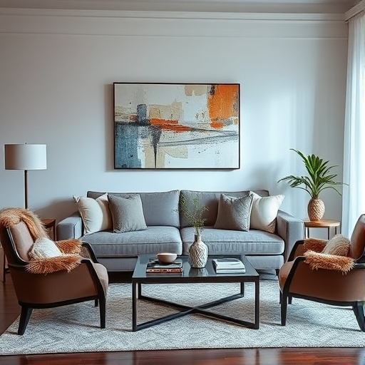 interior living room design featuring a modern couch, abstract wall art, decorative chairs with fur, and a stylish coffee table, captured with a Canon EOS R5, 35mm lens, aperture f/4, ISO 100, soft natural lighting, high dynamic range effect