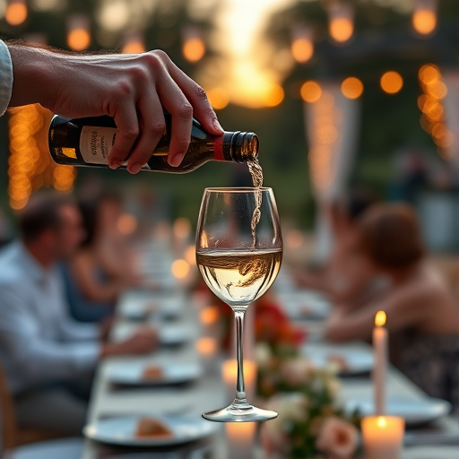 An outdoor dinner party scene with a hand pouring white wine into a glass, soft bokeh background of guests and tables adorned with candles and flowers, golden hour lighting, shot with a Canon EOS R5 at f/2.8, ISO 100, 50mm lens, using a shallow depth of field for enhanced image quality.