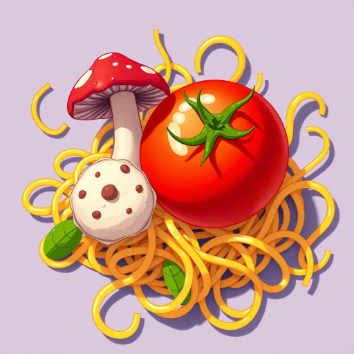 Create a vibrant illustration of a tomato and a mushroom with whimsical spaghetti noodles swirling around, captured with a DSLR camera at f/2.8 aperture, ISO 200, 50mm lens, top-down view, in a bright and colorful cartoon style.