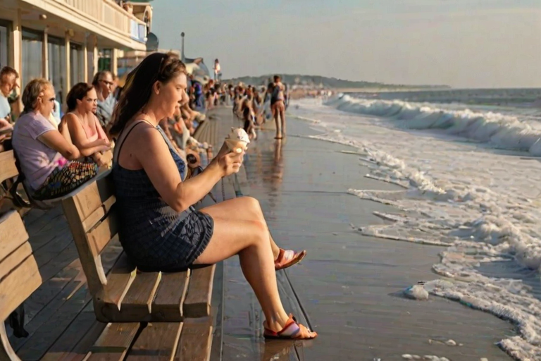 Busy boardwalk by the beach, families and tourists strolling along, a woman sits on a bench, eating ice cream and watching the waves crash against the shore.