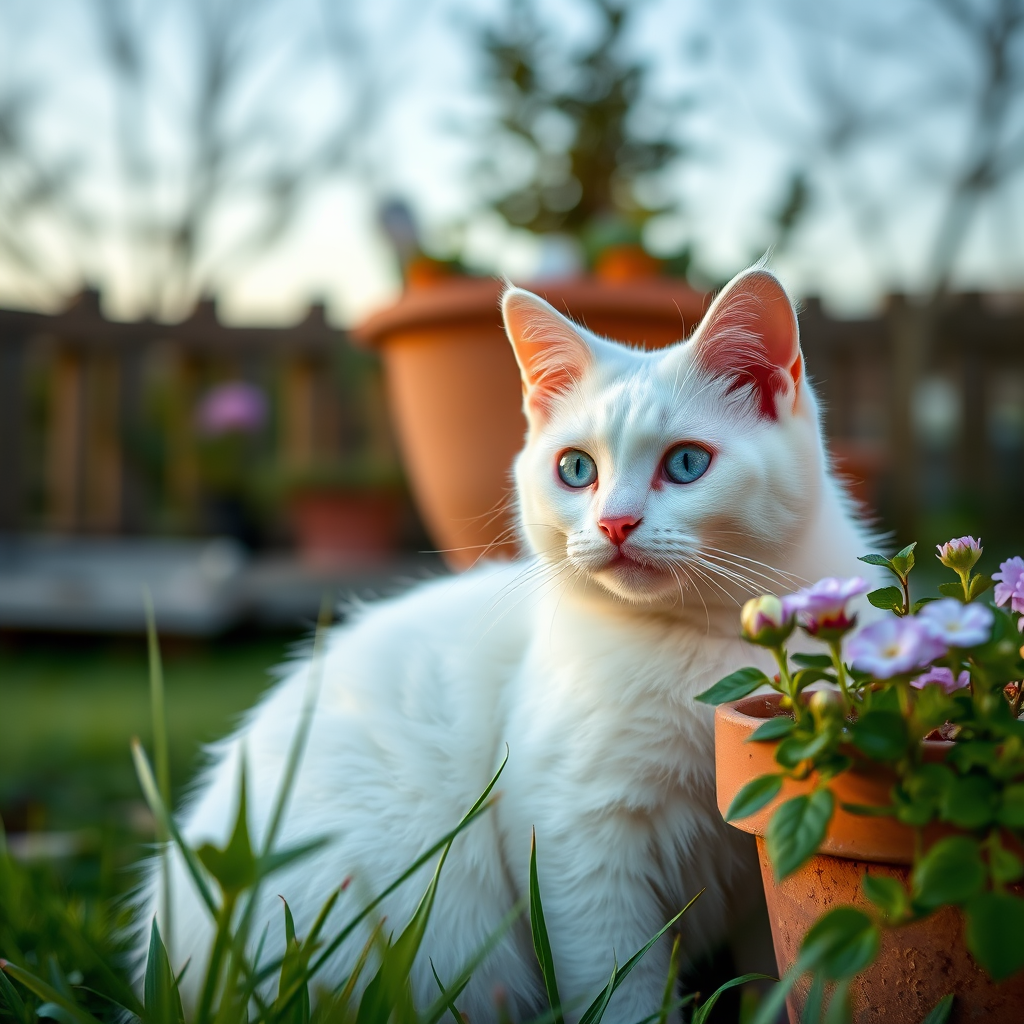 A close-up shot of a white cat with blue eyes sitting beside a flower pot in a garden during the golden hour, aperture f/2.8, shutter speed 1/200 sec, ISO 400, using a DSLR camera with a 50mm lens, shallow depth of field for a soft background focus.