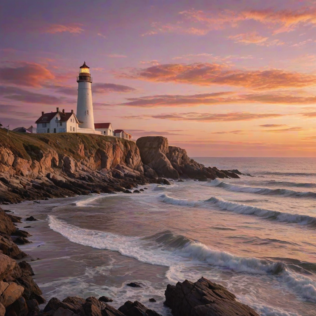 Generate an image of a tall lighthouse perched on a rocky outcrop surrounded by calm ocean waters during a breathtaking sunset. The lighthouse stands sturdy and weathered, its stone surface illuminated by the warm golden light of the setting sun. The sun's rays pass directly through the glass lantern room at the top of the lighthouse, casting a brilliant light across the scene. The sky is painted with vibrant shades of orange, pink, and purple, reflecting off the tranquil sea. The surrounding water shimmers with the same warm hues, creating a serene and majestic atmosphere.