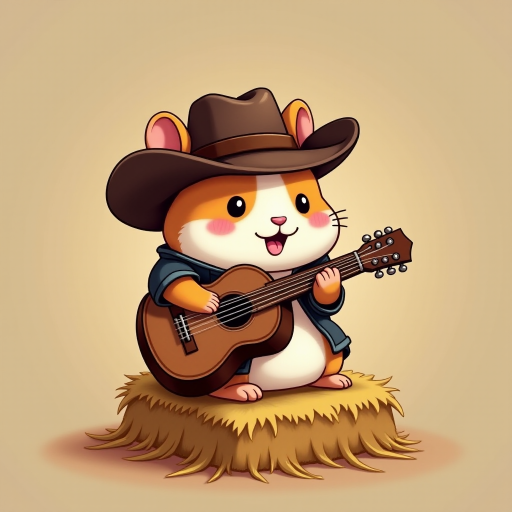 A chibi hamster, dressed as a cowboy, playing guitar, sitting on a hay bale
