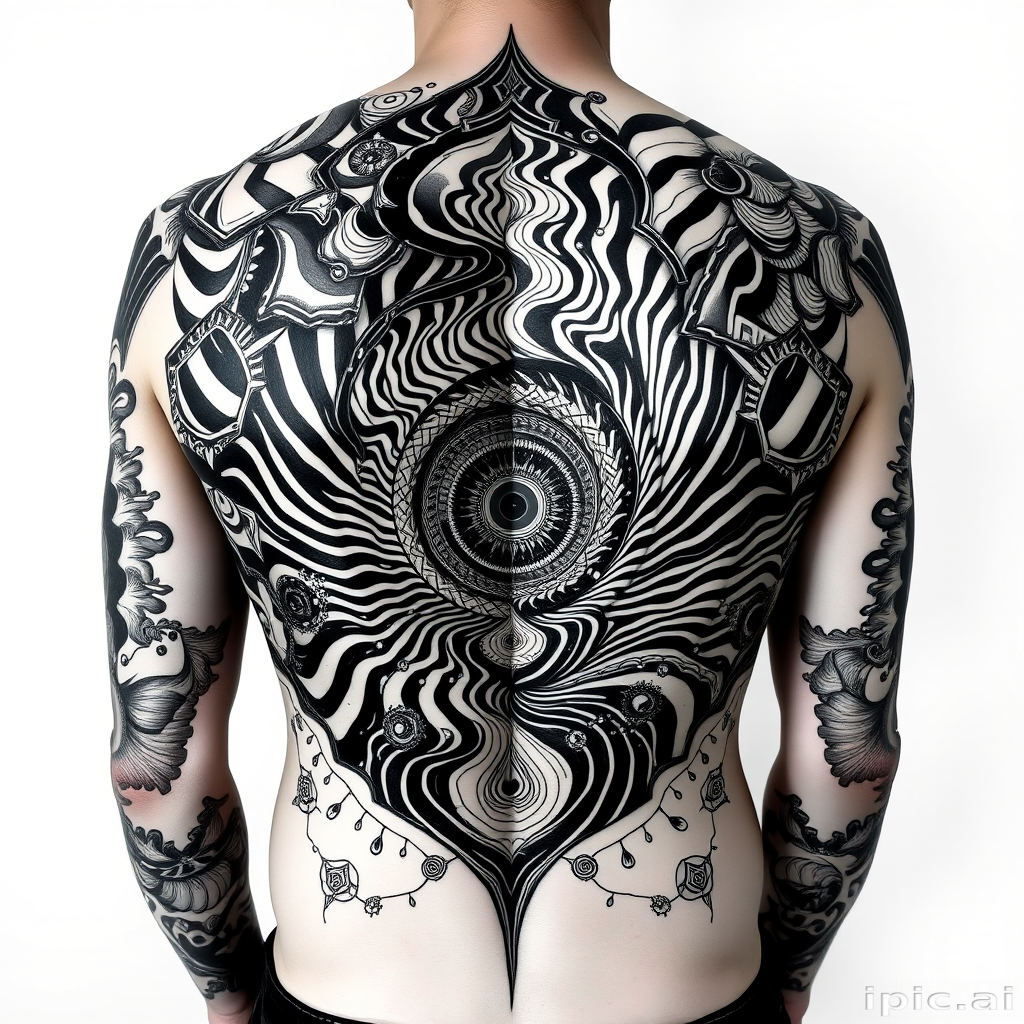 Psychedelic blackwork tattoo covering the entire back, depicting a mind-bending optical illusion with swirling vortexes and fractals in solid black ink