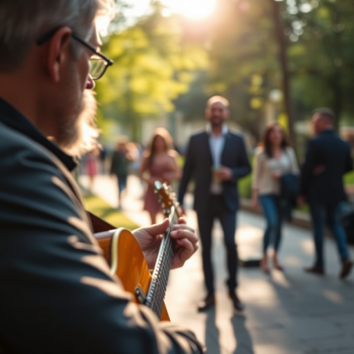 Blurry candid shot of a musician playing guitar in a park, with soft sunlight filtering through leaves, and passersby softly blurred in the background, enjoying the music.