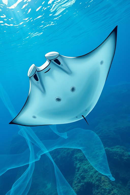 Create a high-resolution illustration of a sleek manta ray swimming gracefully through the ocean, captured with a DSLR camera at f/2.8 aperture, 1/500s shutter speed, using a wide-angle lens with a vibrant color palette to enhance the underwater scene.