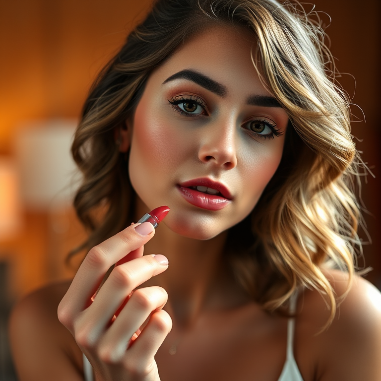 Regenerate an image of a young woman applying lipstick with soft curls and a warm background, using a portrait mode camera at f/2.8 aperture, 50mm lens, natural light, 4K resolution, and a focus on her expression and makeup details.