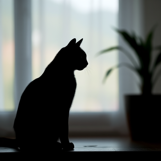 Generate a high-resolution image of a minimalist black silhouette of a cat with a soft-focus background, using a DSLR camera with a 50mm lens, f/1.8 aperture, ISO 100, and natural lighting from a window.