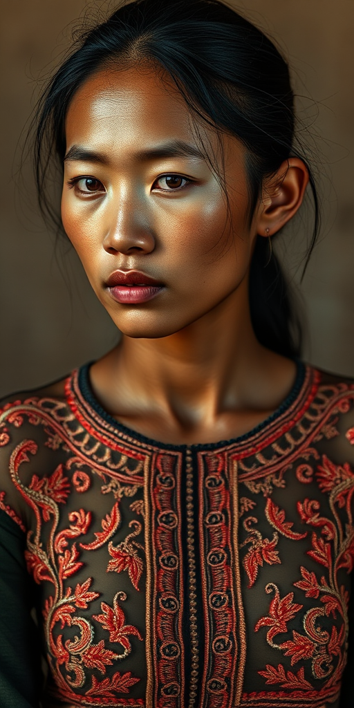 Face, shoulders, chest covered in openwork Cambodian embroidery. Raw, unedited image.
