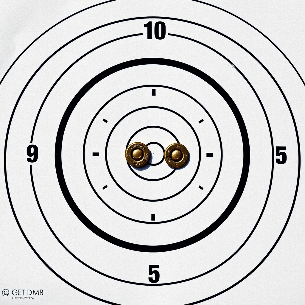 Create a high-resolution image of a target with concentric circles numbered from 1 to 10, with two realistic bullet holes in the center, using a digital camera with a 50mm lens, f/2.8 aperture, 1/200s shutter speed, and a 100 ISO setting for optimal clarity and detail in bright light conditions.