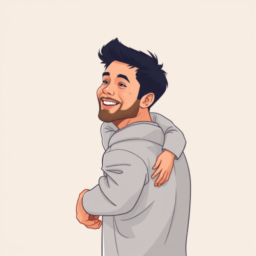 Create a digital illustration of a father and son, smiling joyfully with the son on the father's back, using a soft color palette and minimalistic lines, captured in high resolution with a 50mm lens at f/1.8, shot from eye level, in a studio setting to enhance image quality.