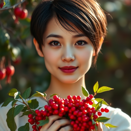 Portrait of a young woman with short black hair holding a bouquet of red berries, soft natural lighting, f/2.8 aperture, 85mm lens, ISO 100, shallow depth of field, captured from a 45-degree angle, using a DSLR camera.