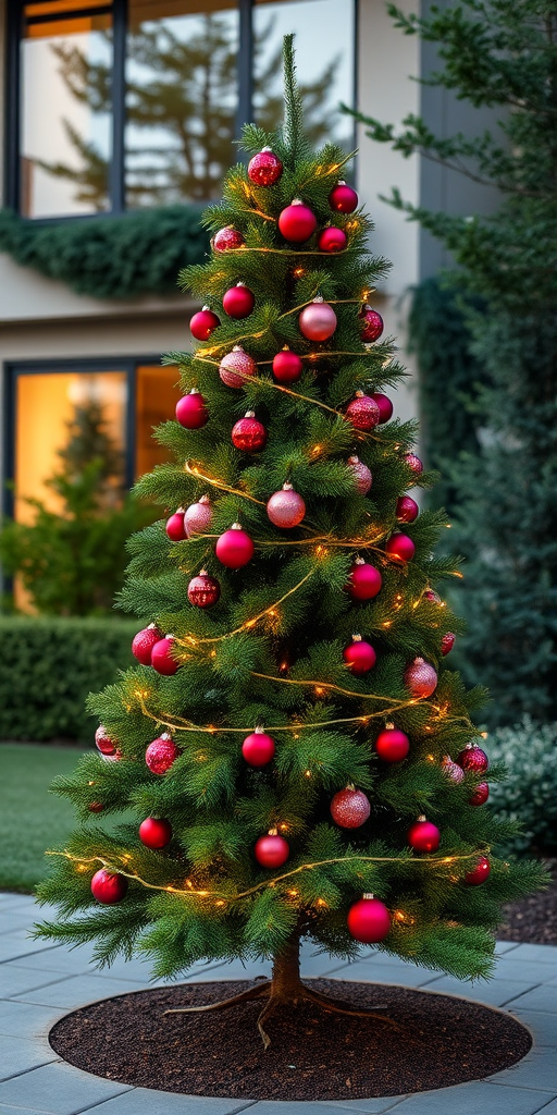 Generate an image of a decorated Christmas tree in a residential outdoor setting. The tree should be lush and green, adorned with colorful ornaments in shades of red, pink, and purple. Include twinkling lights wrapped around the branches, and place the tree on a circular bed of soil. In the background, show a modern house with large windows and greenery. The scene should be captured during the evening, with a warm glow from the lights.