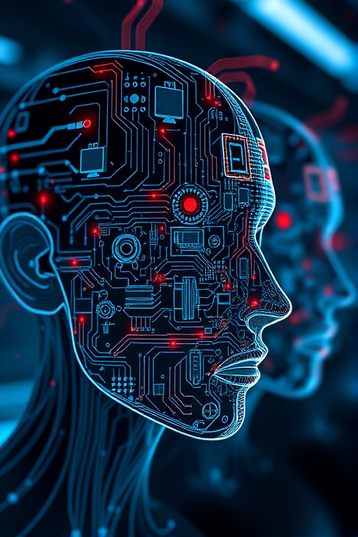 Generate a high-resolution image of multiple human-like faces composed of intricate circuits and digital elements, taken with a Canon EOS R5, 50mm lens, aperture f/1.8, ISO 100, at a shallow depth of field, using a soft-focus background and studio lighting for a futuristic effect.