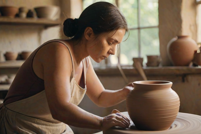 Soft-focus image of a woman at a pottery wheel, creating a ceramic piece, with soft light highlighting her concentration and the beautiful textures of clay around her.