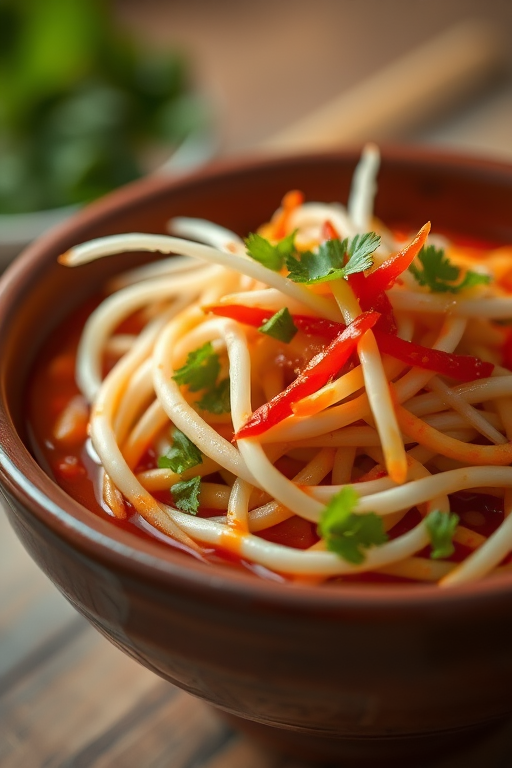 A close-up shot of a vibrant dish featuring bean sprouts and red sauce in a clay bowl, captured with a DSLR camera using a 50mm lens, aperture set to f/2.8, ISO 100, natural light, and a shallow depth of field for a soft background blur.