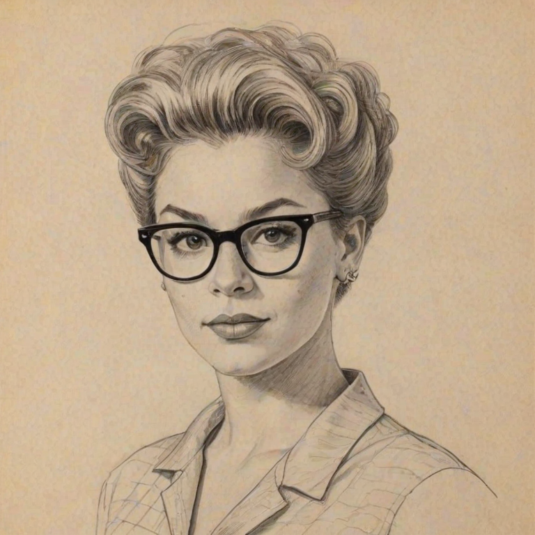 Pleasing Emmy Raver-Lampman, pencil sketch, portrait of Wonderful woman 1957s in glasses, hair style beatnik, outline, clear lines, fine lines, 8k